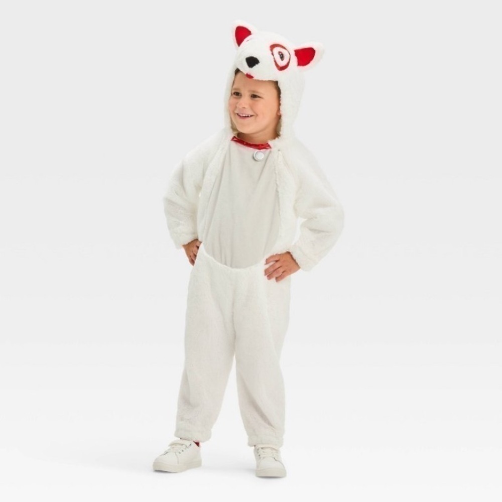 Target Bullseye Dog Kids Costume One Piece Suit NEW 2T-3T White Fuzzy